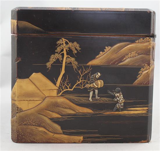 A Japanese lacquer and mixed metal overlaid tea caddy, Meiji period, 24.5cm, repair to cover